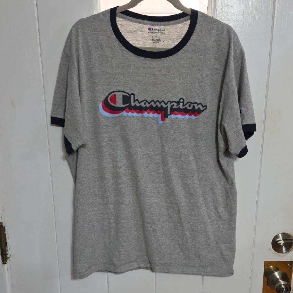 Champion‎ Men's Ringneck T-Shirt Gray/Navy Graphic Retro Stylish Sz L EUC